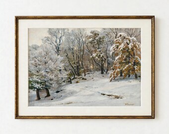 Könnte beinhalten: Ein gerahmtes Landschaftsgemälde, das einen verschneiten Wald mit kahlen Bäumen und einem einzelnen Nadelbaum mit braunem Laub zeigt. Der Boden ist mit weißem Schnee bedeckt, und das Kunstwerk ist in einem dünnen, goldenen Rahmen.
