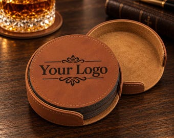 Custom Logo Coaster Set of 6 with Holder, Personalized Engraved Drink Coasters
