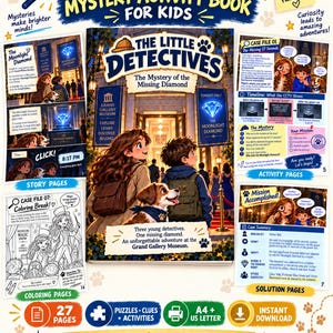 Può includere: Un libro di attività misteriose stampabile per bambini intitolato The Little Detectives: The Mystery of the Missing Diamond. La copertina mostra due bambini e un cane al Grand Gallery Museum. Include pagine di storia, attività e da colorare.