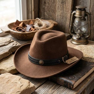 Può includere: Un cappello in feltro marrone con tesa larga e corona pizzicata. Il cappello presenta una fascia in pelle nera decorata con un motivo intrecciato, un perno metallico centrale a forma di sole e una fibbia laterale. Un'etichetta riporta AURA FINDZZZ.