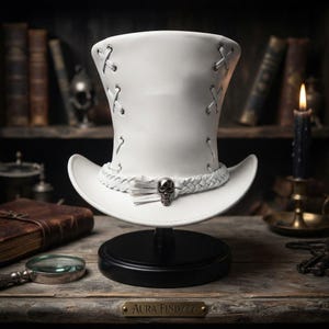 May include: A white top hat featuring white lace-up detailing on the sides and a braided white hatband adorned with a metallic skull emblem at the centre. The hat is displayed on a black circular stand with a plaque reading AURA FINDZZZ.