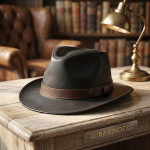 Peut inclure: Un chapeau fedora en cuir marron foncé avec une finition lisse et une bande en cuir marron moyen contrastante dotée d'une boucle latérale. Le chapeau présente une calotte structurée avec un pli central et un bord large légèrement incurvé.