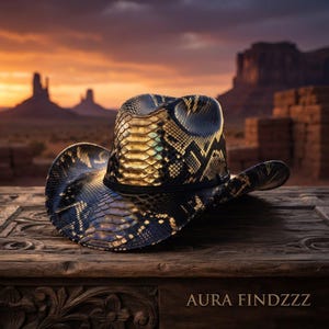 May include: A cowboy hat featuring a black and gold snakeskin pattern with a dark band around the crown. The text AURA FINDZZZ is visible in the lower right corner. The hat has a curved brim and a creased crown, displaying a textured scale design.