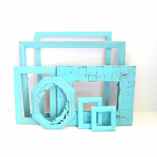 Turquoise Picture Frames - Gallery of 7 - With Glass - Shabby Chic Distressed