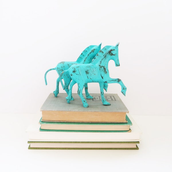 Turquoise Horses - Painted Brass - Vintage Patina - Gift for Horse Lover