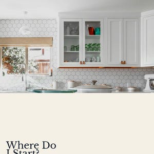 May include: A digital document titled "Where Do I Start? Home Reset" with a subtitle indicating Letter & A4 sizes and 20 pages. The background features a kitchen with white cabinets, a hexagonal tile backsplash, and a window with a bamboo shade.