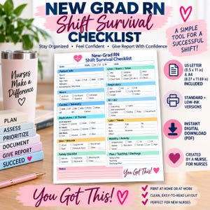 May include: A New Grad RN Shift Survival Checklist printed on white paper with blue, green, orange, and pink sections for patient data, neuro, cardiac, respiratory, GI, labs, and mobility. Includes a pink tumbler with text and a stack of colored notes.