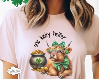 St. Patricks Day Highland Cow Shirt One Lucky Heifer Green Pink Baby Cow Crewneck T Shirt Funny Teacher Shirt Cow Lover Tee Weird