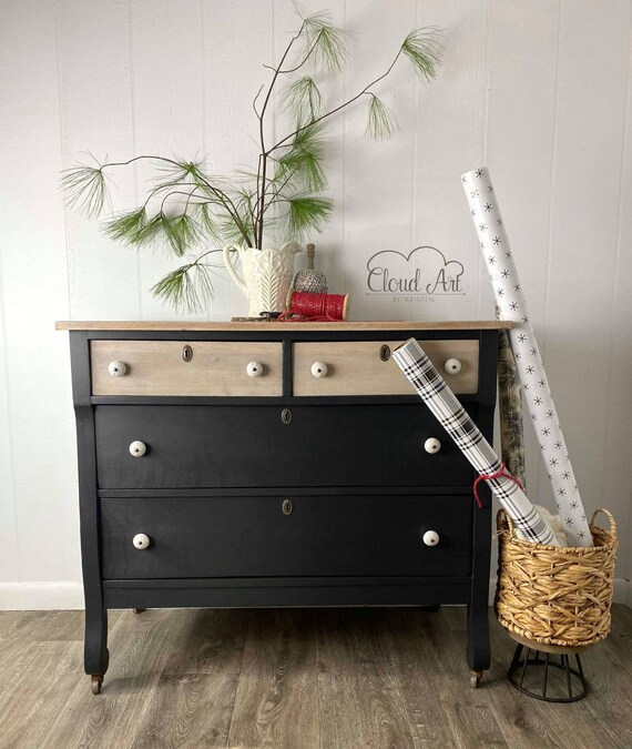 Antique Tiger Oak Black Natural Wood Dresser Tv Stand Modern Etsy