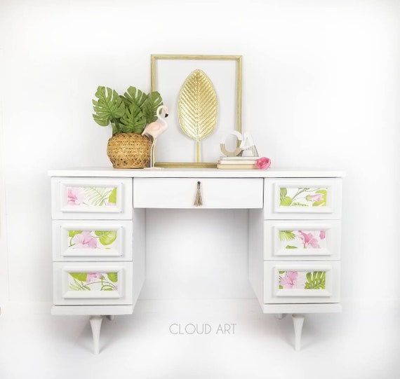 Midcentury Modern Vintage Girls Desk Vanity White Pink Green Etsy