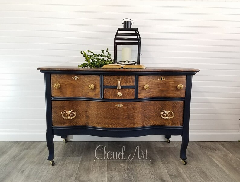 Sold Antique Tiger Oak And Navy Blue Serpentine Lowboy Etsy