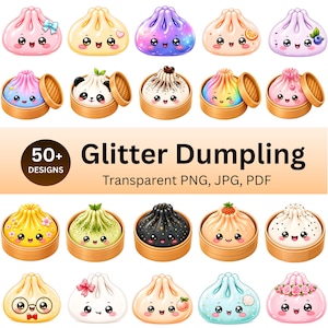 Könnte beinhalten: Eine digitale Sammlung von über 50 glitzernden Dumpling-Designs mit verschiedenen bunten, cartoonartigen gedämpften Teigtaschen mit lächelnden Gesichtern, teilweise verziert mit Früchten, Blumen oder Schleifen, in Bambuskörbchen oder als Icons.