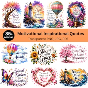 Puede incluir: Una colección de más de 35 diseños de citas motivacionales con coloridas ilustraciones de árboles, faros, globos aerostáticos, flores, mariposas y bombillas con textos como Grow Through what you go Through y Bloom with Grace.