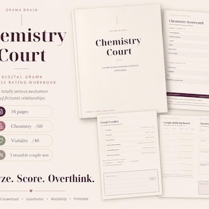 Peut inclure: Un cahier d'exercices numérique intitulé Chemistry Court pour évaluer les relations fictives. L'ensemble comprend une page de couverture, une fiche de score, une page de verdict final, un tableau de classement et des prix, totalisant 16 pages.