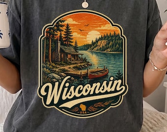 Wisconsin Comfort Colors T-shirt, Wisconsin Shirt, Vintage Wisconsin State Travel Tee, Wisconsin Vacation Shirt, Great Lakes