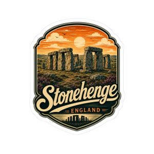 May include: A die-cut sticker featuring an illustration of Stonehenge in England. The scene depicts the ancient stone monument under a vibrant orange sunset sky with clouds. The text Stonehenge and ENGLAND is printed in a bold, stylized font.