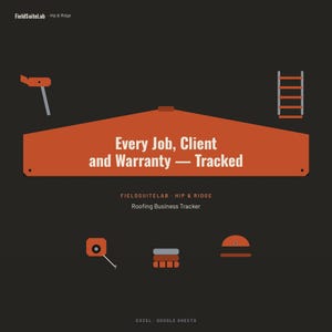 May include: A dark gray digital graphic for a roofing business tracker titled FieldSuiteLab Hip & Ridge. The center features an orange roof shape with the text Every Job, Client and Warranty — Tracked. Icons include a hammer, ladder, and tape measure.