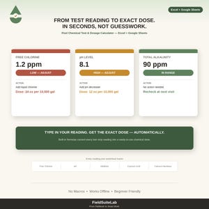 Calculadora de dosificación y análisis de productos químicos para piscinas / Hoja de cálculo de Excel/Google Sheets (Descarga digital)