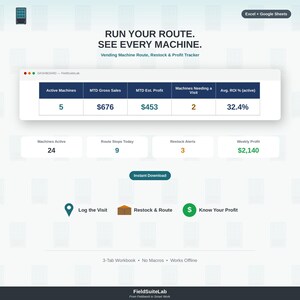 Könnte beinhalten: Ein digitales Dashboard für einen Verkaufsautomaten-Routen-Tracker mit dem Text RUN YOUR ROUTE. SEE EVERY MACHINE. Es zeigt Kennzahlen wie aktive Automaten, Bruttoumsätze, geschätzte Gewinne und ROI-Prozentsätze in einem klaren Layout.