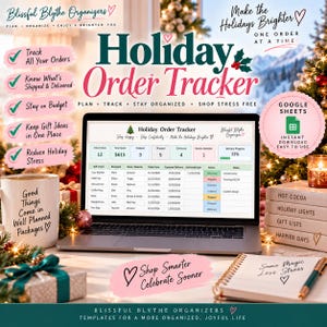 May include: A digital Holiday Order Tracker spreadsheet displayed on a laptop screen, featuring columns for gift items, recipients, stores, dates, and delivery status. The interface includes a summary dashboard with order totals, spending, and progress bars.