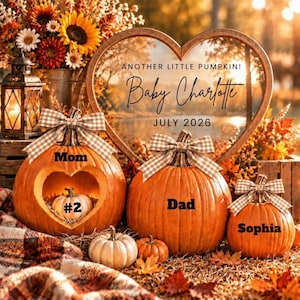 May include: Three orange pumpkins with beige gingham bows, labeled Mom, Dad, and Sophia. A smaller pumpkin labeled #2 sits inside the Mom pumpkin. A heart-shaped frame displays the text: ANOTHER LITTLE PUMPKIN! Baby Charlotte JULY 2026.