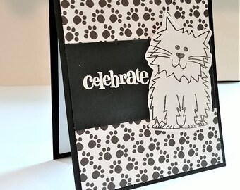 Celebrate, Cat Birthday, Retirement,Kitty, Congratulations, Graduation, New Job, Card for Cat Lover, Friend, Handmade, Unique Cat