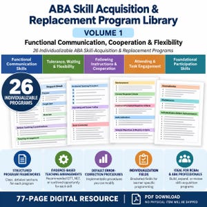 May include: A 77-page digital resource titled ABA Skill Acquisition & Replacement Program Library Volume 1. It features 26 individualizable programs focused on functional communication, cooperation, and flexibility, with structured frameworks and teaching procedures.
