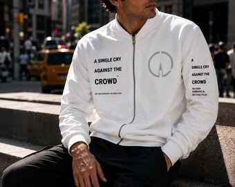White Unisex Bomber Jacket, Graphic Zip-Up — A Single Cry Against the Crowd™