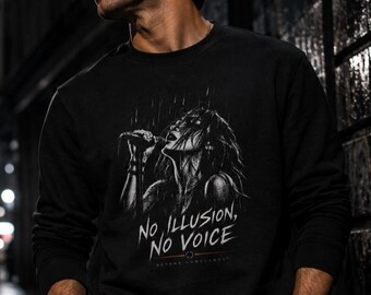 Black Unisex Graphic Sweatshirt, Singer Artwork — No Illusion, No Voice | Beyond Homelands™