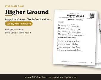 Large Print Higher Ground Piano Chord Chart in 3 Keys, Easy Hymn Chords Over the Words, Gospel Sunday Version, Church Pianist PDF