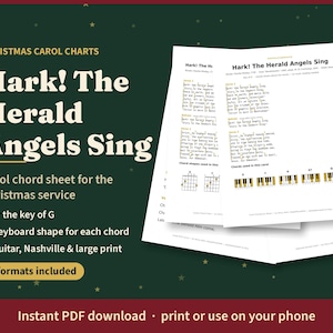 Può includere: Uno spartito digitale di canti natalizi per Hark! The Herald Angels Sing, con testi, accordi per chitarra e diagrammi per tastiera in sol maggiore. Il documento include quattro formati per la stampa o l'uso mobile su sfondo verde.