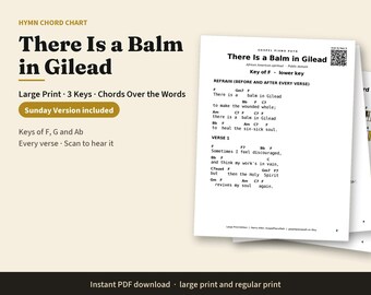 Large Print There Is a Balm in Gilead Piano Chord Chart in 3 Keys, Easy Hymn Chords Over the Words, Gospel Sunday Version, Church Piano PDF