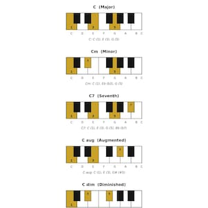 Può includere: Una tabella di riferimento per accordi di pianoforte intitolata Key of C, che mostra cinque diagrammi di tasti del pianoforte con note dorate evidenziate per gli accordi C Major, Cm Minor, C7 Seventh, C aug Augmented e C dim Diminished.