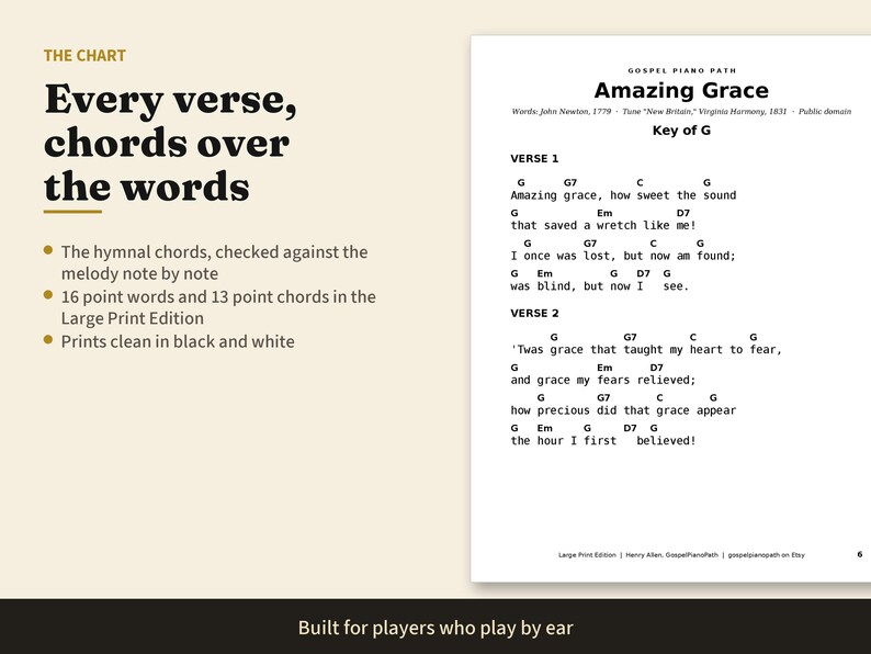 50 Hymns Piano Chord Charts in 3 Keys, Large Print Hymn Chords and Lyrics for Church Pianist, Gospel Piano by Ear, PDF Book image 3