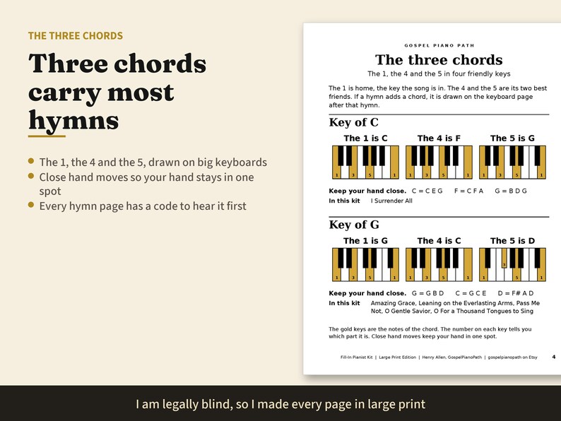 Fill-In Church Pianist Kit, Large Print Easy Hymn Chord Charts, 3 Chords and 10 Hymns, Substitute Piano Player Gift for Pastor, PDF image 3