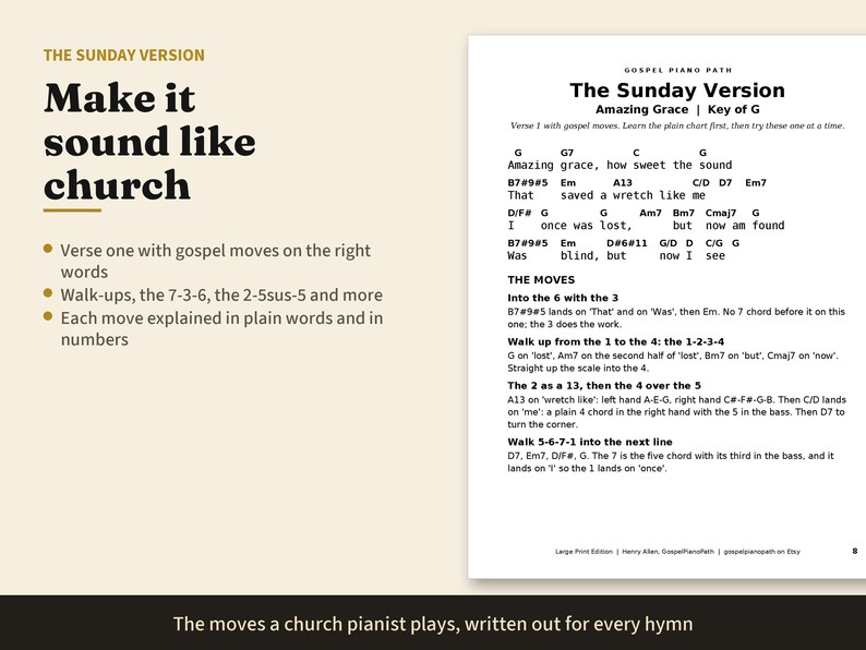50 Hymns Piano Chord Charts in 3 Keys, Large Print Hymn Chords and Lyrics for Church Pianist, Gospel Piano by Ear, PDF Book image 4