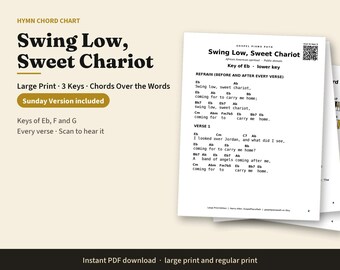 Large Print Swing Low Sweet Chariot Piano Chord Chart in 3 Keys, Easy Hymn Chords Over the Words, Gospel Sunday Version, Church Pianist PDF