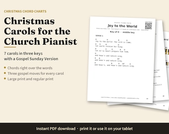 Large Print Christmas Carols Piano Chord Charts in 3 Keys, 7 Carols with Gospel Sunday Version, Church Pianist PDF