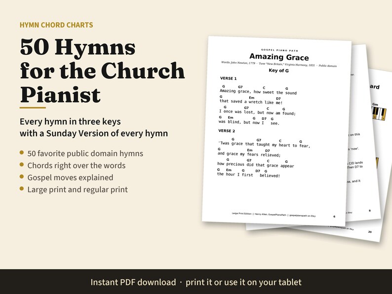 50 Hymns Piano Chord Charts in 3 Keys, Large Print Hymn Chords and Lyrics for Church Pianist, Gospel Piano by Ear, PDF Book image 1