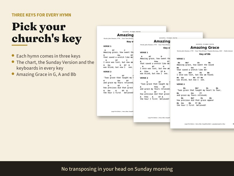 50 Hymns Piano Chord Charts in 3 Keys, Large Print Hymn Chords and Lyrics for Church Pianist, Gospel Piano by Ear, PDF Book image 6