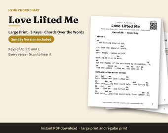Large Print Love Lifted Me Piano Chord Chart in 3 Keys, Easy Hymn Chords Over the Words, Gospel Sunday Version, Church Pianist PDF