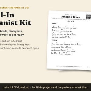 Fill-In Church Pianist Kit, Large Print Easy Hymn Chord Charts, 3 Chords and 10 Hymns, Substitute Piano Player Gift for Pastor, PDF image 1
