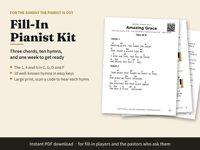 Fill-In Church Pianist Kit, Large Print Easy Hymn Chord Charts, 3 Chords and 10 Hymns, Substitute Piano Player Gift for Pastor, PDF image 1