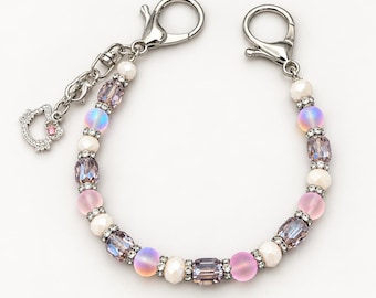 Pink pastel  beaded key finder/purse charm with  cat  charm