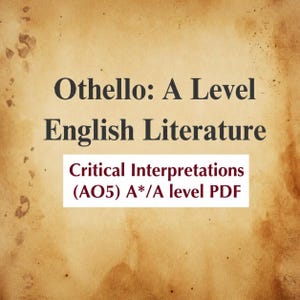 May include: A digital document cover featuring a textured, aged parchment background with dark brown stains. The text reads: Othello: A Level English Literature, followed by a white rectangular box containing the text: Critical Interpretations (AO5) A*/A level PDF.