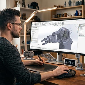 Pode incluir: Um monitor de computador curvo e largo exibe o design 3D de um braço mecânico em software CAD. Na mesa de madeira, há uma mesa digitalizadora com caneta, um relógio digital marcando 01:23:45, peças mecânicas impressas em 3D e um paquímetro.