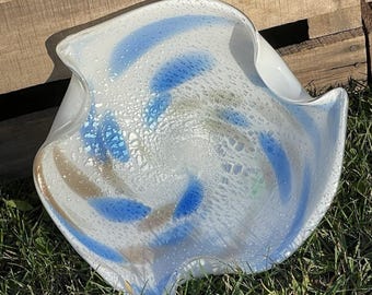 Vntg 60's Italian MURANO Glass Pinwheel Bowl Gold Silver Flakes Blue White Swirl