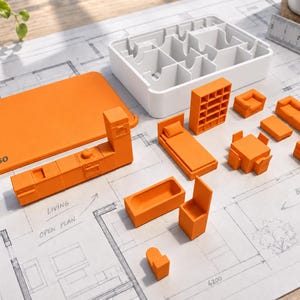 Könnte beinhalten: Ein Set aus orangefarbenen Miniaturmöbeln, darunter eine Küchenzeile, ein Bett, ein Regal, ein Sofa, Stühle und ein Tisch, zusammen mit einer weißen Aufbewahrungsschale und einer orangefarbenen Basisplatte mit der Aufschrift 1:50 auf einem Plan.