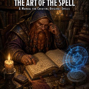 Può includere: Un libro intitolato THE ART OF THE SPELL A MANUAL FOR CREATING ORIGINAL SPELLS con un'illustrazione di copertina di un mago barbuto con cappuccio blu che legge un libro con simboli magici, un cerchio blu luminoso e una candela accesa.