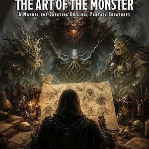Può includere: Una copertina di libro intitolata THE ART OF THE MONSTER A MANUAL FOR CREATING ORIGINAL FANTASY CREATURES con una figura incappucciata che disegna su una mappa, circondata da creature fantasy oscure, tra cui un drago, un orco e un mostro.